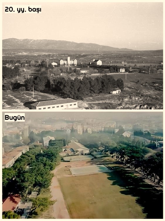 Kızılçullu Ovası'nın genel görünümü. 
Buca, İzmir. Beyaz binalar günümüzde NATO binaları.