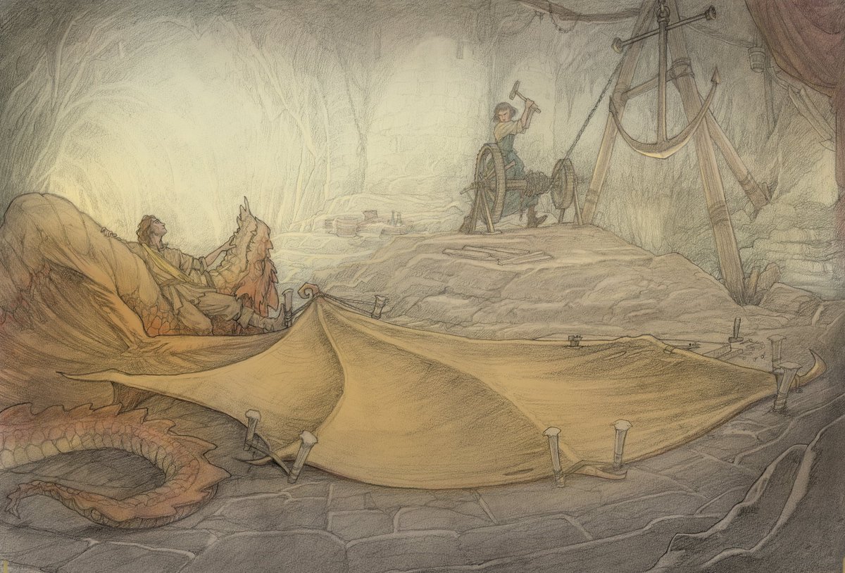 One of the many beautiful double page spreads from Three Tasks for a Dragon, illustrated by the magnificent @PJLynchArt. Cethlenn, Lir and the once-fearsome dragon, Lasvarg.