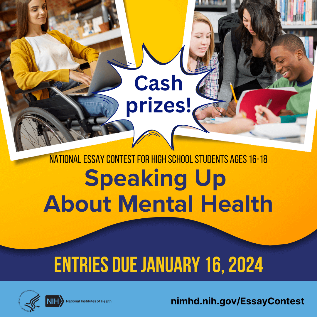 SCHA_MI's tweet photo. Speaking Up About Mental Health is an essay contest that challenges high school students ages 16-18 to raise awareness of mental health. Submissions are due January 16, 2024. https://t.co/c9xPY5g4Hs https://t.co/O60FrXaejP