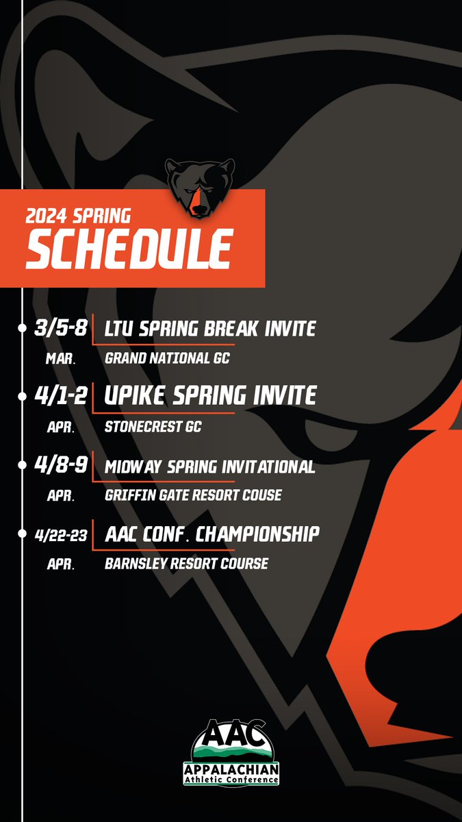 upike_mgolf's tweet photo. 🚨Spring '24 Schedule🚨
This spring semester includes a trip down to Grand National GC in Oplieka, AL.  As well as the revival of our tradition of hosting a spring event at Stonecrest GC! Go Bears! 🐻 https://t.co/L4hrviphWu
