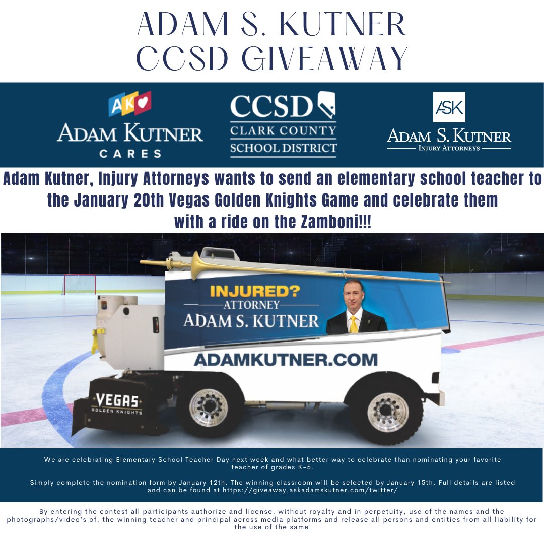 Here's your chance to nominate a @ClarkCountySch elementary school teacher to win 2 tickets to the Jan20th @GoldenKnights game, including a Zamboni ride during the game, courtesy of Adam S. Kutner! To enter, follow @adamskutner and enter here: giveaway.askadamskutner.com/twitter/