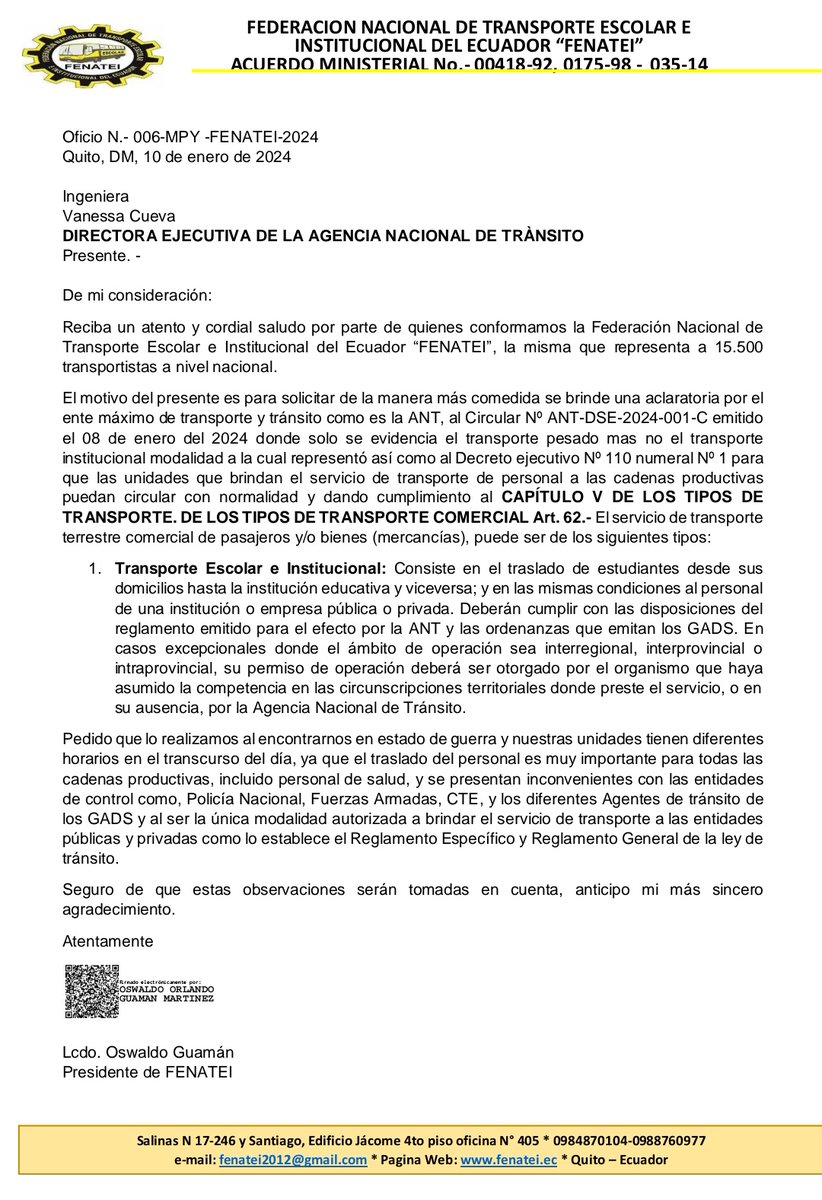 FenateiE's tweet photo. Exigimos una aclaratoria, al Circular N ANT-DSE-2024-001-C emitido el 08/01/2024 por @ANT_ECUADOR donde es excluido el transporte institucional,quien por mandato legal transporta a los empleados de las cadenas productivas del país 
@DanielNoboaOk @ObrasPublicasEc @Produccion_Ecu https://t.co/6sx6GUyBpj