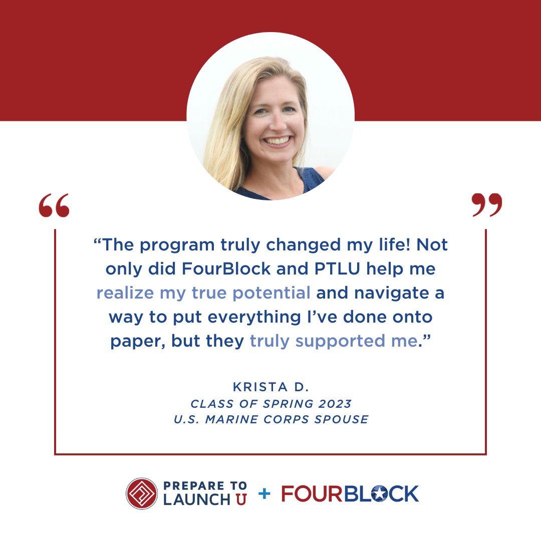 FourBlock (@fourblock) on Twitter photo In our latest alumni spotlight, Krista Desmond shares some of the career barriers she faced as a #militaryspouse, key takeaways from the <a href="/FourBlock/">FourBlock</a> + <a href="/Prepare2LaunchU/">Prepare to Launch U: Work-Life Consultants</a> #MilitarySpouse Career Readiness Program, and her advice for fellow #milspouses: fourblock.org/alumni-spotlig… In our latest alumni spotlight, Krista Desmond shares some of the career barriers she faced as a #militaryspouse, key takeaways from the <a href="/FourBlock/">FourBlock</a> + <a href="/Prepare2LaunchU/">Prepare to Launch U: Work-Life Consultants</a> #MilitarySpouse Career Readiness Program, and her advice for fellow #milspouses: fourblock.org/alumni-spotlig…