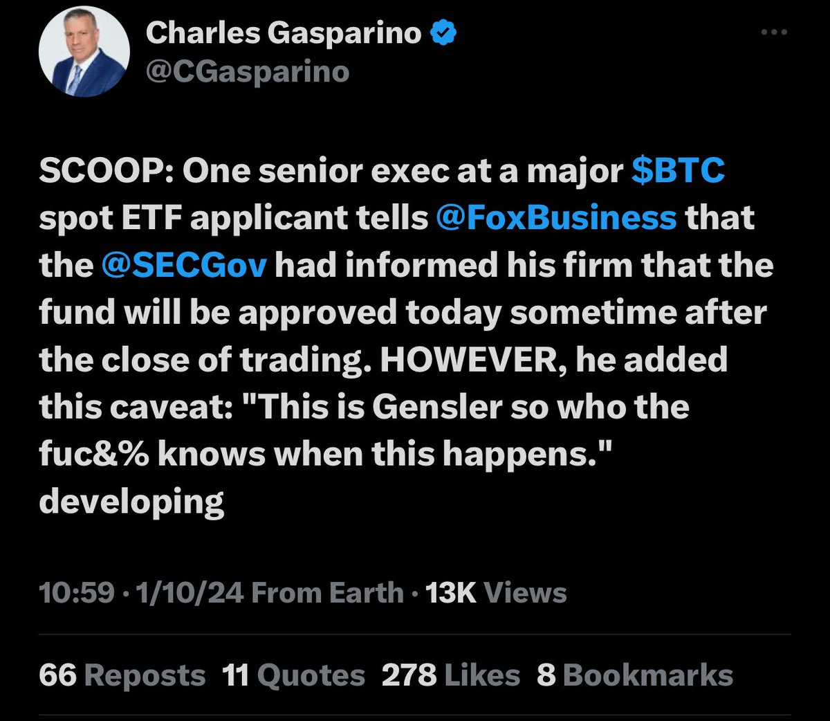 ThuanCapital's tweet photo. 🔥 Fox Business News: Một giám đốc cấp cao từ một công ty phát hành quỹ Bitcoin Spot ETF cho chúng tôi biết rằng SEC đã thông báo cho công ty của họ là Bitcoin Spot ETF sẽ được chấp thuận vào hôm nay, sau khi thị trường chứng khoán đóng phiên giao dịch. https://t.co/pBqzqUqau6