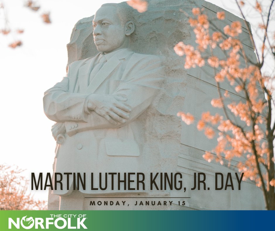 #NorfolkVA City offices are closed Jan. 15 in observance of Martin Luther King, Jr. Day, including <a href="/NorfPublicLib/">NorfolkPublicLibrary</a> &amp; @SloverLibrary, rec centers, <a href="/norfolkanimals/">Norfolk Animal Care Center</a>, courthouse, Commissioner of Revenue, Treasurer's Office &amp; Norfolk Dept. of Public Health.

➡️ tinyurl.com/mrx26vhx