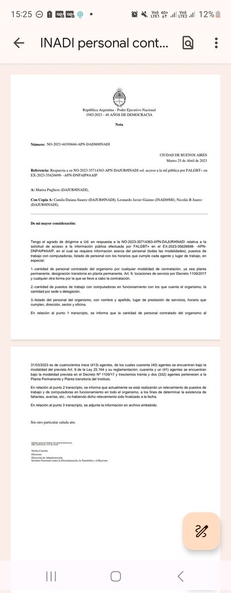 Compartimos con el Ministro @m_cuneolibarona información oficial sobre las 413 personas que trabajan en el INADI en TODO EL PAÍS (y no solo en CABA como dice). Esto incluye a todas las provincias, y todas las modalidades de contratos.
