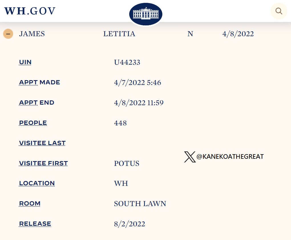 KanekoaTheGreat's tweet photo. 🚨BREAKING: Letitia James visited the Biden White House in April 2022, August 2023, and July 2023, according to White House visitor logs. https://t.co/ZO5dt904bk