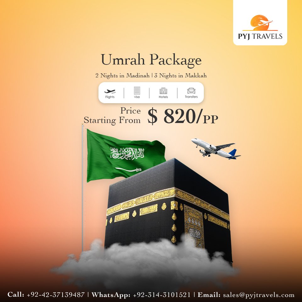 PYJTravels's tweet photo. Embark on a spiritual journey with PYJ Travels! $820 per person for 5 nights &amp; 6 days Umrah Package. All-inclusive. Your path to spiritual fulfillment begins here. 
#PYJTravels #UmrahPackage #SacredJourney #SpiritualTravel #Umrah2024 #TravelFaithfully #PilgrimageExperience https://t.co/Umfpl1PyBv