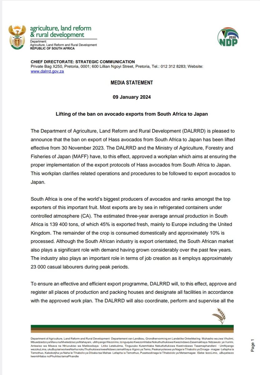 DOAgov_ZA's tweet photo. [Media Statement📄] Lifting of ban on avocado exports from South Africa to Japan. @GCISMedia @GovernmentZA @VukuzenzeleNews https://t.co/5IpoT0hyRy