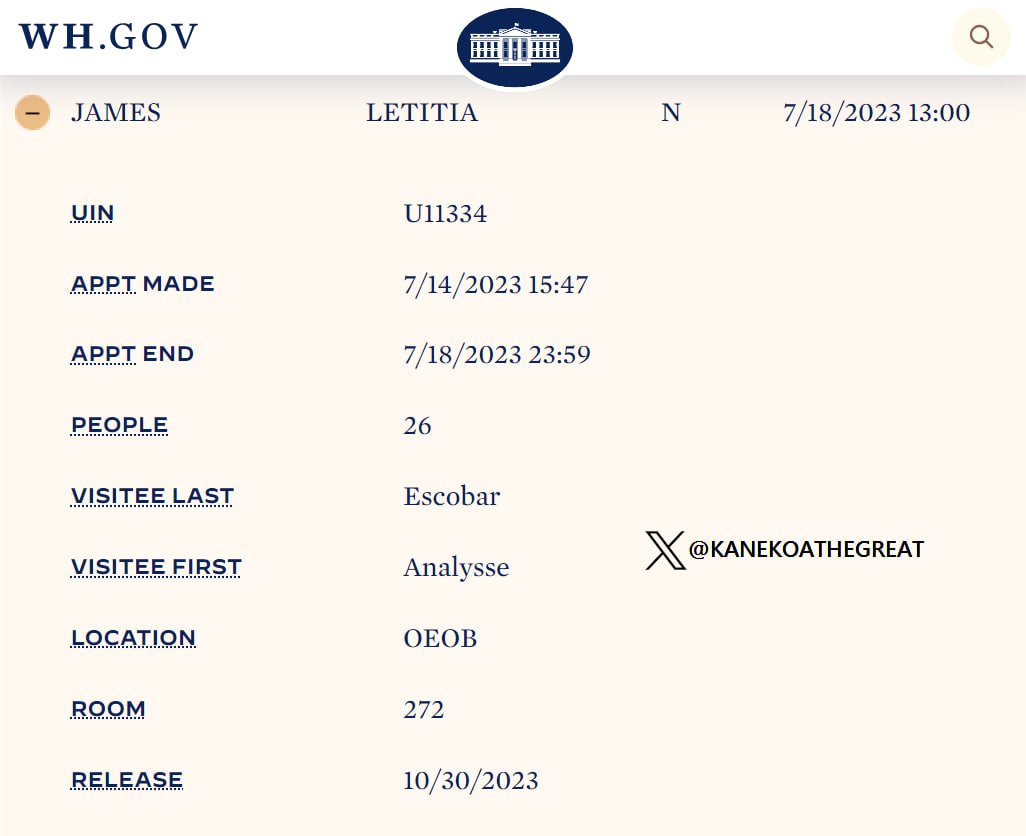 KanekoaTheGreat's tweet photo. 🚨BREAKING: Letitia James visited the Biden White House in April 2022, August 2023, and July 2023, according to White House visitor logs. https://t.co/ZO5dt904bk