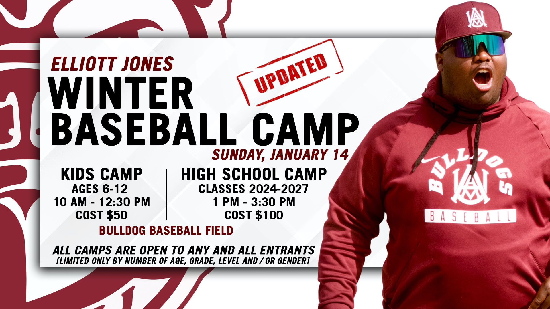 AAMU Baseball on X: 𝐔𝐩𝐝𝐚𝐭𝐞 Due to upcoming weather conditions,  the Elliott Jones Winter Baseball Camp has been moved to Sunday only.  Register at:  #BeADawg24  / X