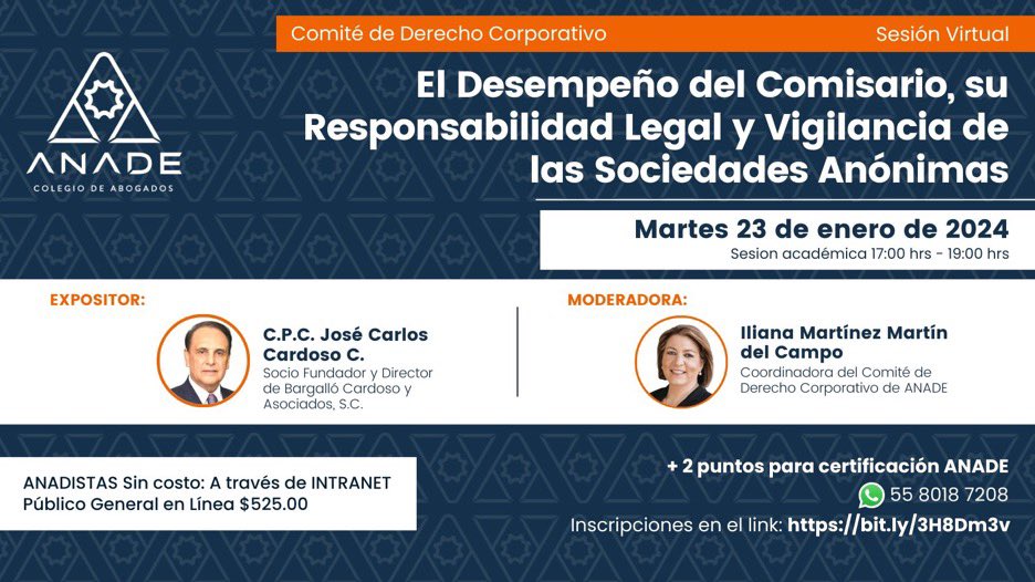 BWiseRBC's tweet image. Nuestra socia Iliana Martínez, Coordinadora del Comité de Derecho Corporativo de @ANADE, moderará el conversatorio “Desempeño del Comisario, su Responsabilidad Legal y Vigilancia de Sociedades Anónimas”, el 23 de enero de 2024, de 5-7 PM.

#BWISE #SolucionesLegalesSostenibles