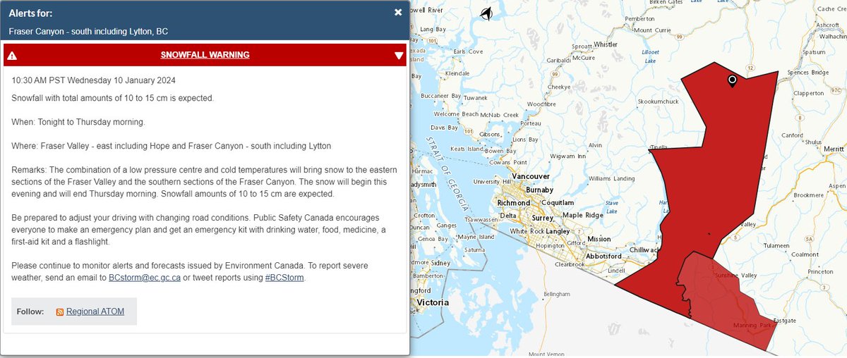 As the #ArcticFront approaches SW #BC, a #SnowfallWarning has been issued for #FraserValley E inclg #HopeBC & #FraserCanyon S inclg #Lytton.
Expect 10-15cm tonite into Thu AM as a low dumps snow on the area.
(Warnings for #BChwy5/#BChwy3 passes have been dropped)
#BCsnow #BCstorm