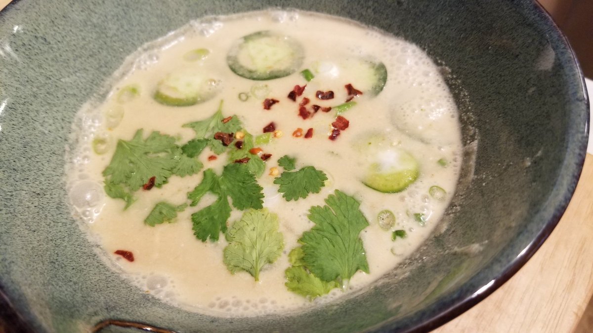 DeathMetalHero's tweet photo. So to counterbalance the delicious steak post from yesterday, here's some fresh made veggie tom kha @Flying__Feline whipped up for lunch on this chilly day.
#spicyanddelicious
#commenceyajealousy #tomkha https://t.co/oVeySu0Ury