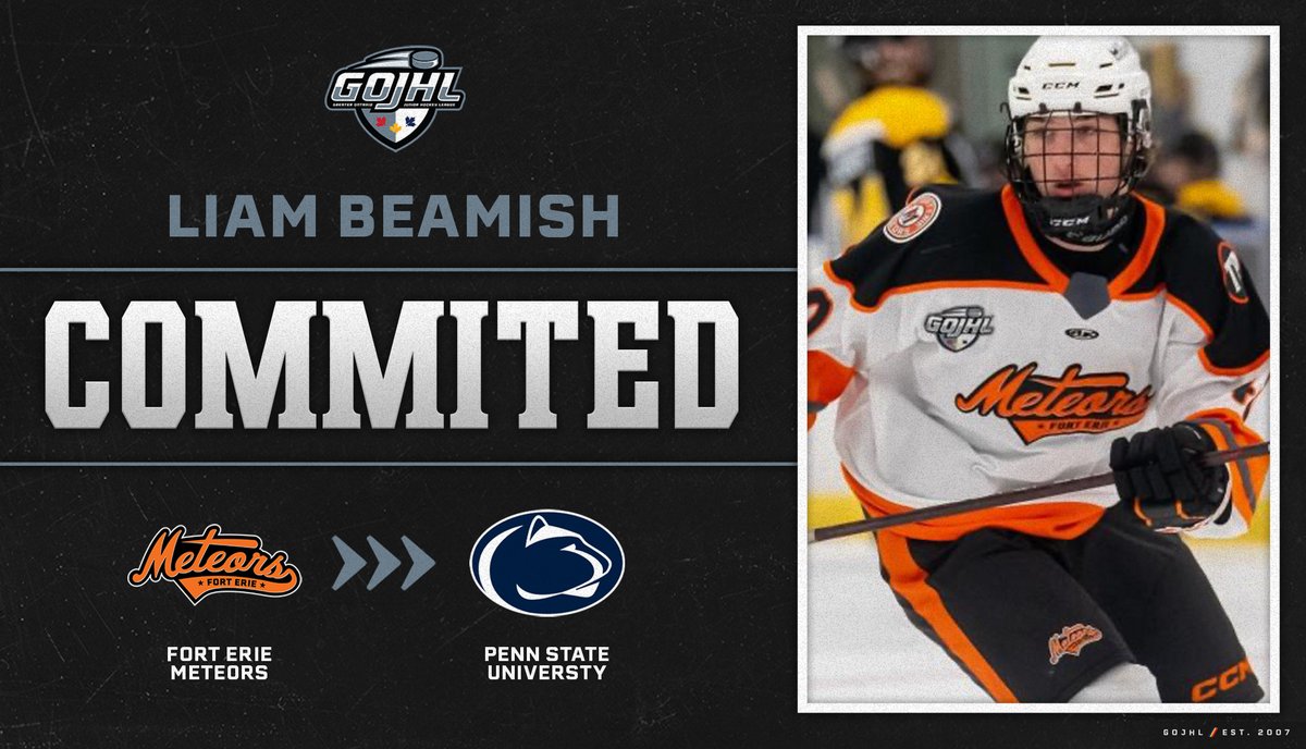 GOHLHockey's tweet photo. COMMITMENT:

@FEMeteors ➡️ @pennstatemhky

Congratulations to Liam Beamish of the Fort Erie Meteors on committing to Penn State of @B1GHockey!

#GOJHL https://t.co/00zhlV36O9