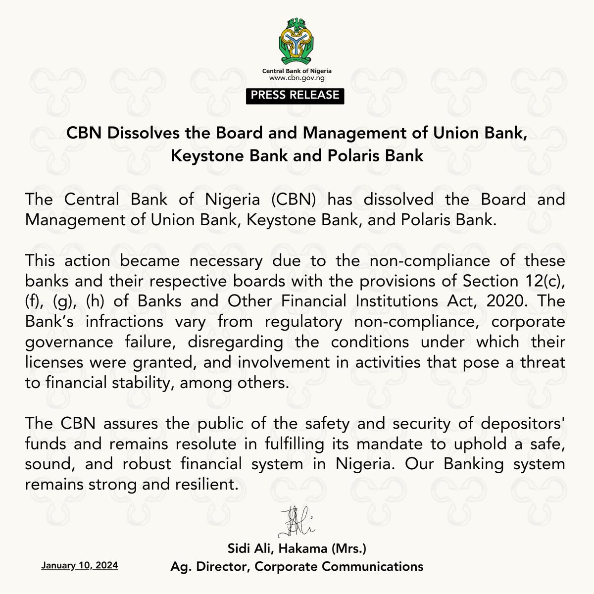 Press Release: CBN Dissolves the Board and Management of Union Bank, Keystone Bank and Polaris Bank