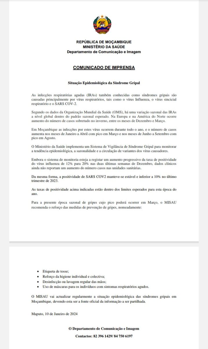 𝗖𝗼𝗺𝘂𝗻𝗶𝗰𝗮𝗱𝗼 𝗱𝗲 𝗜𝗺𝗽𝗿𝗲𝗻𝘀𝗮 𝗿𝗲𝗹𝗮𝘁𝗶𝘃𝗼 à 𝗦𝗶𝘁𝘂𝗮çã𝗼 𝗘𝗽𝗶𝗱𝗲𝗺𝗶𝗼𝗹ó𝗴𝗶𝗰𝗮 𝗱𝗮 𝗦í𝗻𝗱𝗿𝗼𝗺𝗲 𝗚𝗿𝗶𝗽𝗮𝗹 𝗲𝗺 𝗠𝗼ç𝗮𝗺𝗯𝗶𝗾𝘂𝗲.