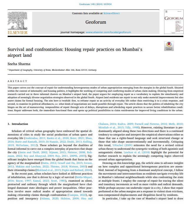 I am profoundly happy to share that my research on housing and rehabilitation on Mumbai’s airport land has now been published with Geoforum #housing #geoforum sciencedirect.com/science/articl…