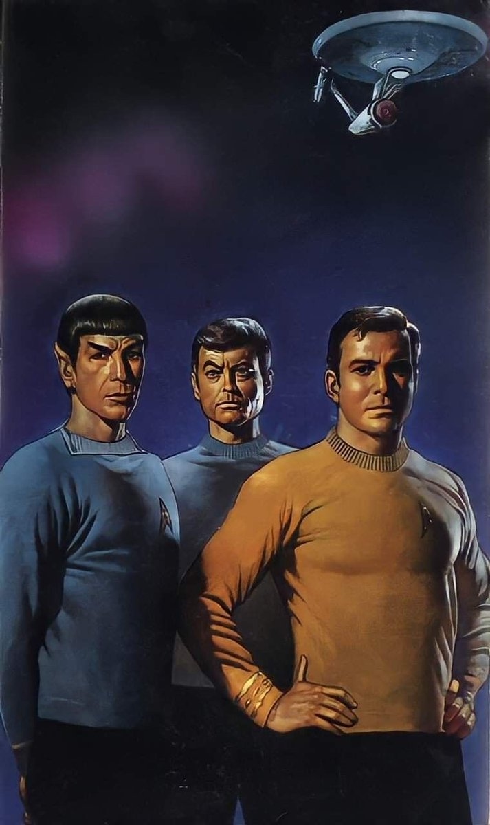 antipodal's tweet photo. #StarTrek #STTOS #TriadDaily #AllStarTrek
Tweeting one photo/art/cartoon of Kirk, Spock and McCoy as the triumvirate per day, starting from the oldest saved photo on my computer.
I have 800.
Today's is from  1985. 
Artist is the late Boris Vallejo. 
Triumvirate Are Us! https://t.co/g5x9EbHKNd
