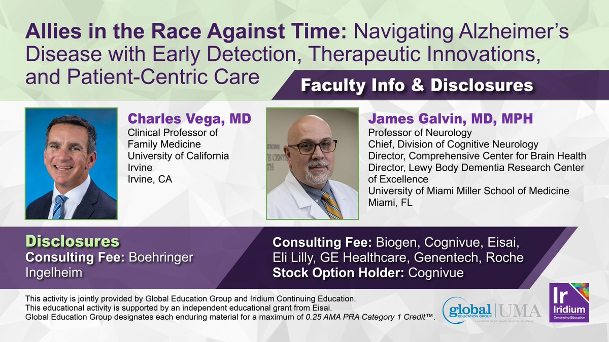 IridiumContEd's tweet image. 1/
🧵Welcome to this @iridiumCE &amp;amp; @Global_CME #MedEdThread: iridiumce.com

🗣️ Lets talk #AlzheimersDisease (AD) tx &amp;amp; caregiver support w/ @DrVegaUnleashed and Dr. James Galvin

Supported by an independent educational grant from Eisai Inc.