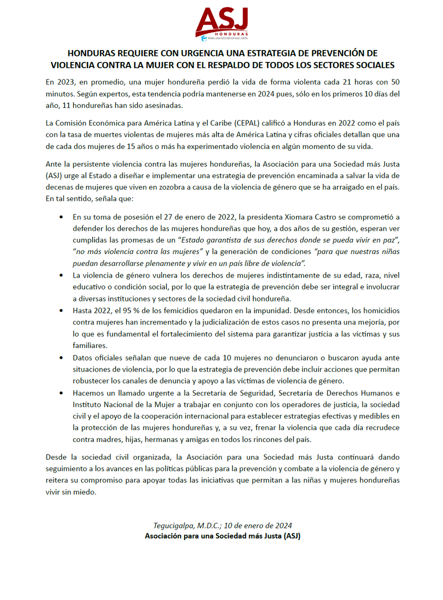asjhn1's tweet photo. Hacemos un llamado al Estado hondureño para diseñar e implementar una estrategia de prevención de violencia contra la mujer con el respaldo de todos los sectores sociales. Lea nuestro pronunciamiento aquí ➡️  https://t.co/esa7E42jNy https://t.co/QusIOSiPCv