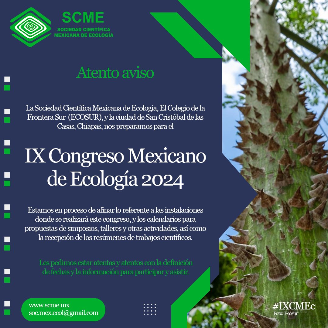 SCMEcologia's tweet photo. IX Congreso Mexicano de Ecología 2024
San Cristóbal de las Casas, Chiapas, México
¡Próximamente!
#SCME #IXCMEc #CongresoMexicanoEcología #México #Ecología #ProtecciónConservación #Divulgación #CambioClimático #ExtinciónGlobal #Conservación #BiodiversidadMexicana #Resiliencia https://t.co/EMYzPV1UIZ