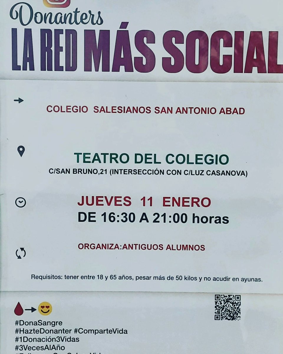 AAAAsalesVLCSAA's tweet photo. Este año, la tradicional donación de sangre será este jueves 11, a partir de las 16.30 horas. Necesitamos tu ayuda #donasangre #donasang 🩸 ¡Te esperamos! #donaters #1donacion3vidas #salesianos @SalesianosVSAA https://t.co/NiFDzjttlm