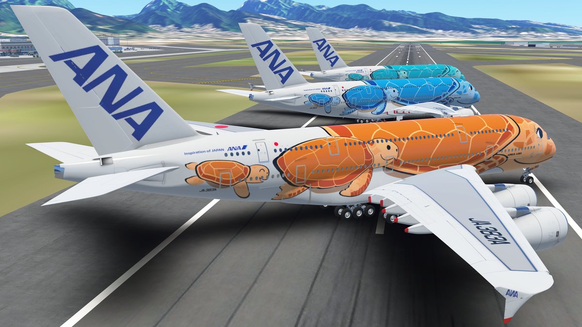 ANA A380 Turtle liveries lined up on the runway in Infinite Flight simulator.