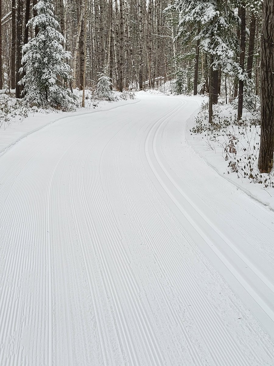 The green and 5km of the blue have been groomed and track set. They are in good shape. We will be working on opening up trials more tomorrow.