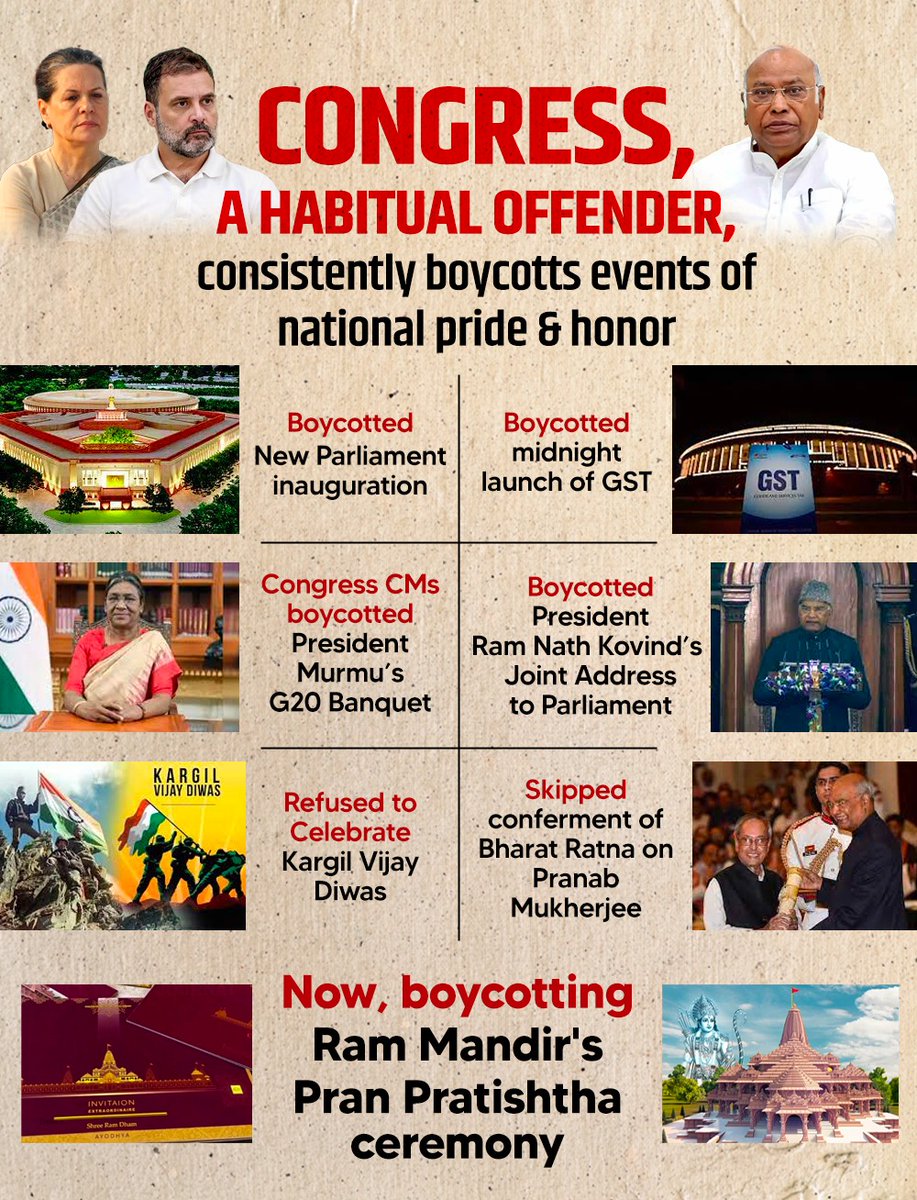 CONgress boycotted
- #NewParliamentBuilding - Temple of Democracy
- Launch of #GST - which removed Economic Barriers
- President Murmus' Banquet - Offended an Adivasi women President
- Ex President Kovind's joint address - Offended a Dalit President
- Celebration of Kargil Vijay