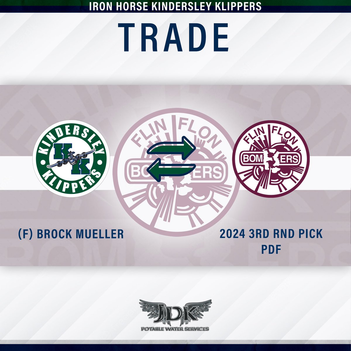 KlippersHockey's tweet photo. π¨π:
The Iron Horse Kindersley Klippers have received forward Brock Mueller from the @FFBombers in exchange for a 2024 3rd round pick and PDF.
Welcome to the Klippers family, Brock!
#SJHLTransaction | #KlippsvsEvery1 https://t.co/U8TxXgHNIO