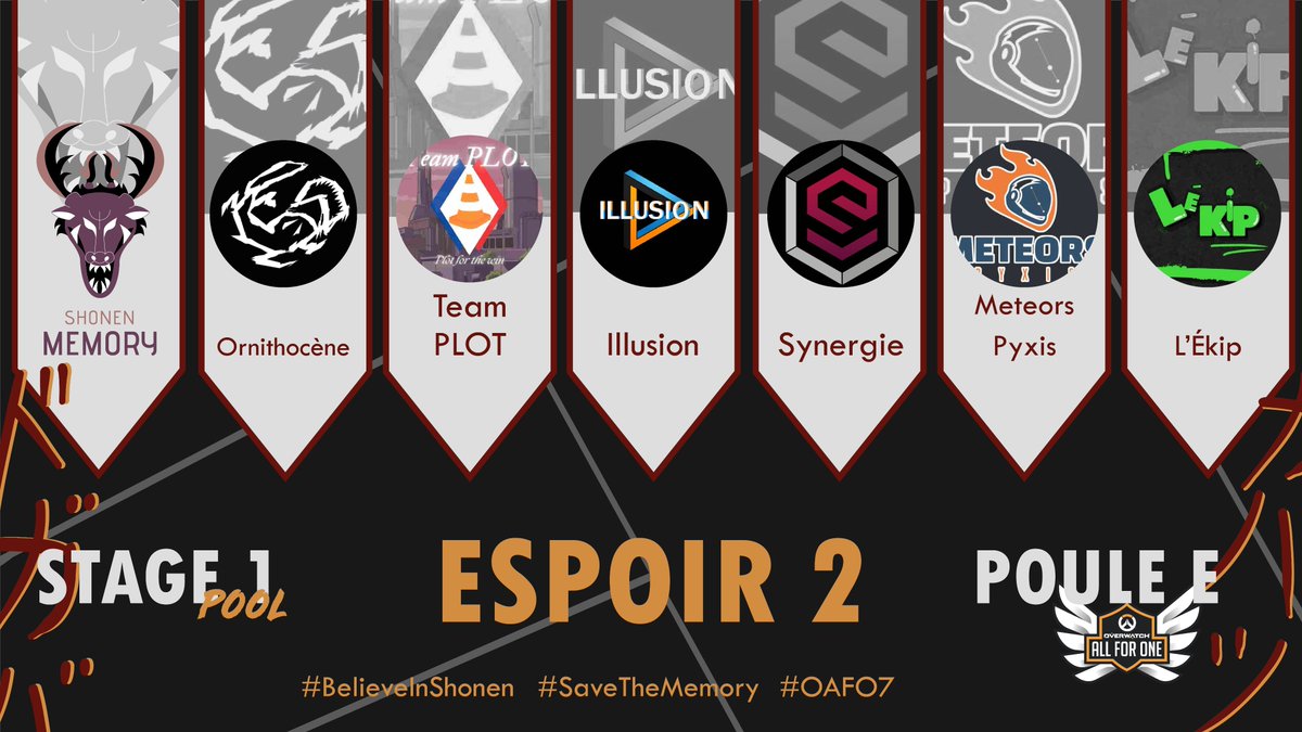 Et voici la poule E de la division Espoir 2 du
<a href="/PlayAllForOneFR/">Overwatch AllForOne France</a> 2024 dans laquelle joueront les Shonen Memory 👀   

Voici leurs adversaires 📷:  
- Ornithocène : <a href="/ornithocene/">Ornithocène</a>
- Team PLOT : <a href="/TeamPLOT_OW/">Team PLOT</a>
- Illusion 
- Synergie : <a href="/Synergie_ESP/">Synergie</a>
- Meteors Pyxis 
- L’Ékip  

Bons