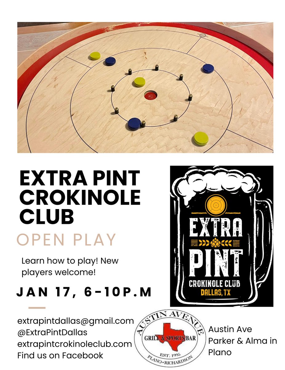 ExtraPintDallas's tweet image. We're back!  Next Wednesday, January 17th, at Austin Avenue in Plano.  We should hopefully be on the other side of any winter weather, and can share stories about it.  Hope to see you there!  #crokinole
