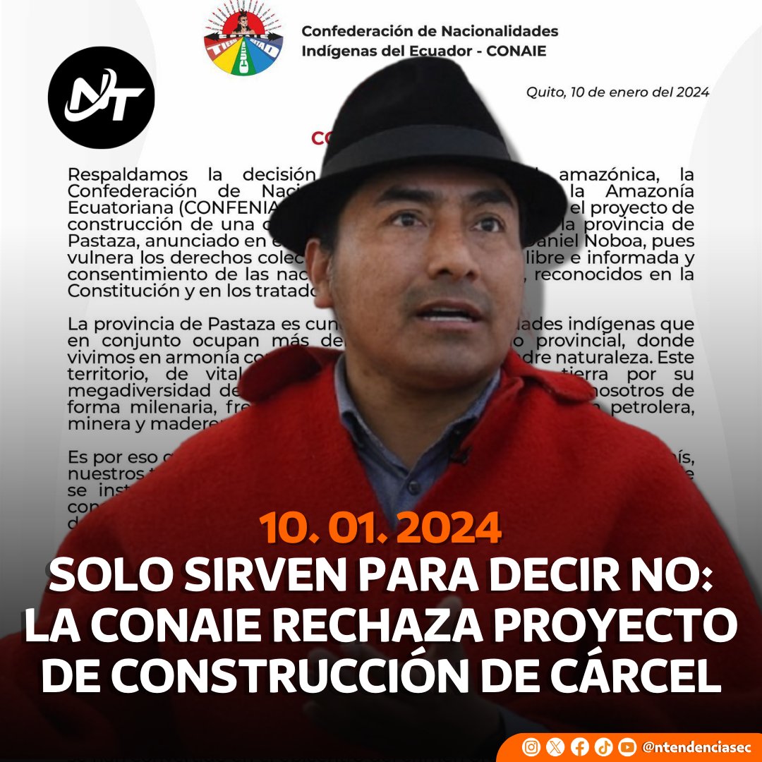 #URGENTE | La Confederación de Nacionalidades Indígenas del Ecuador (Conaie), respalda la decisión de la Confederación de Nacionalidades Indígenas de la Amazonía Ecuatoriana (Confeniae), la cual rechaza el proyecto de construcción de una cárcel de máxima seguridad en la provincia