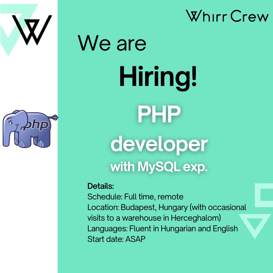 Hi! We are looking for a PHP developer with MySQL exp.

Schedule: Full-time, remote
Location: Budapest (with occasional visits to a warehouse in Herceghalom)
Languages: Fluent in Hungarian&amp;English
Start date: ASAP
#openposition #whirrcrew #JobOpening #hiring #PHP #PHPdeveloper
