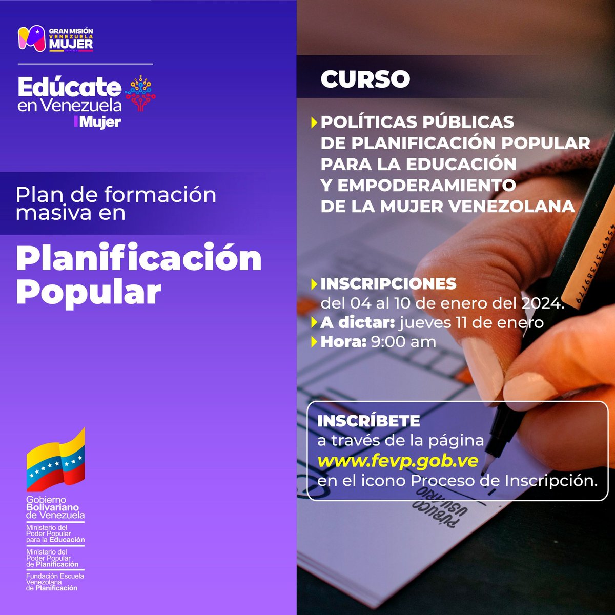 mineducacion_ve's tweet photo. Tú, mujer venezolana, eres ejemplo de trabajo, firmeza y determinación. Contamos con tu compromiso para seguir forjando el desarrollo productivo de nuestra querida Venezuela. 

¡Accede a la plataforma e inscríbete!

@NicolasMaduro
@_LaAvanzadora
#CitgoEsDeVenezuela https://t.co/DjlJsfQo5c