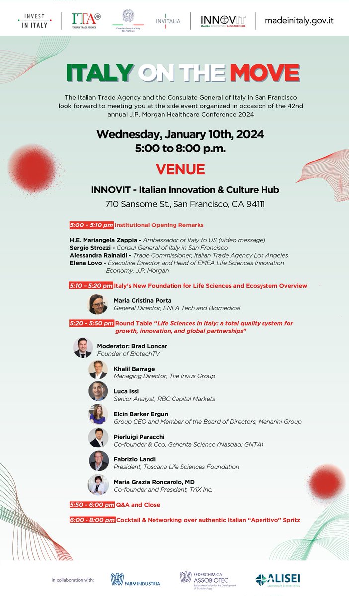 Today is the day!

Join us &amp; our moderator Brad Loncar - Founder of <a href="/BiotechTVHQ/">BiotechTV</a> for an evening of networking &amp; investment discoveries with Italian #pharma and #biotech companies.

See you soon for Italy On The Move!