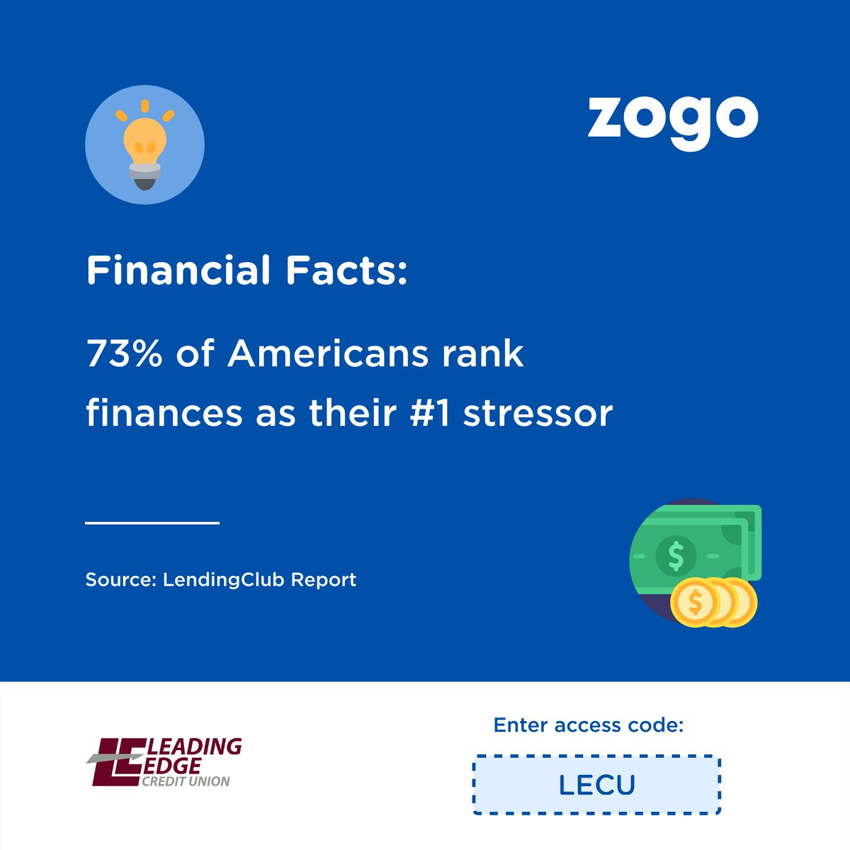 LeadingEdgeCU's tweet photo. Are finances a stress in your life? Our educational partner, Zogo, has a free app that can help! Download Zogo and explore its array of game-like modules. From investing to how to apply for college loans or a mortgage, Zogo has the knowledge you need.  #FinancialEducation #LECU https://t.co/nb1sNHBEM9