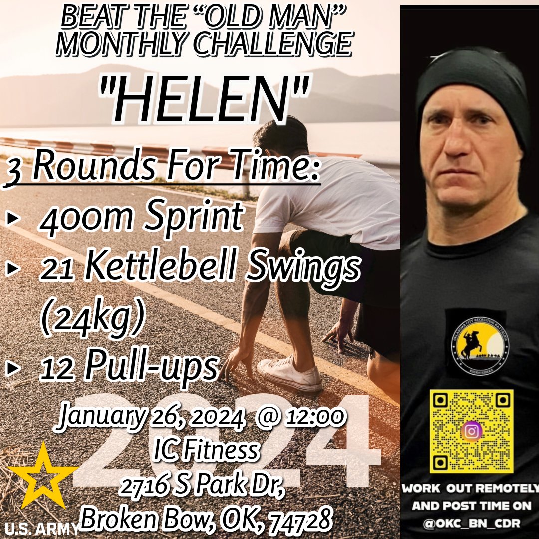 No one ever built muscle without a little hustle. 💪 Join us for the first Beat The Old Man Challenge of 2024! Work out remotely and post your time on IG and tag @okc_bn_cdr 💪

#BeAllYouCanBe #HelenWorkout #PTChallenge #BeatTheOldMan #RoughRiders #GoArmy #BeatTheOldManChallenge