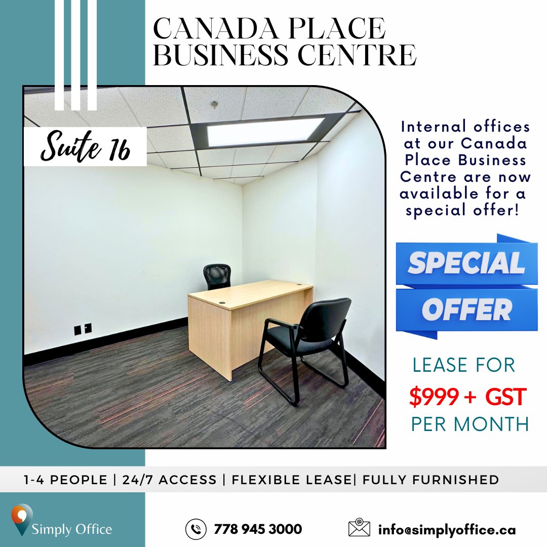 Happy Wednesday!

LIMITED TIME OFFER FOR INTERNAL OFFICES: Take action now to secure an internal office space at Canada Place Business Centre for just $999 per month + GST.

Ready to make Suite 16 your business's new headquarters? Contact us now!

#CanadaPlace #SimplyOffice