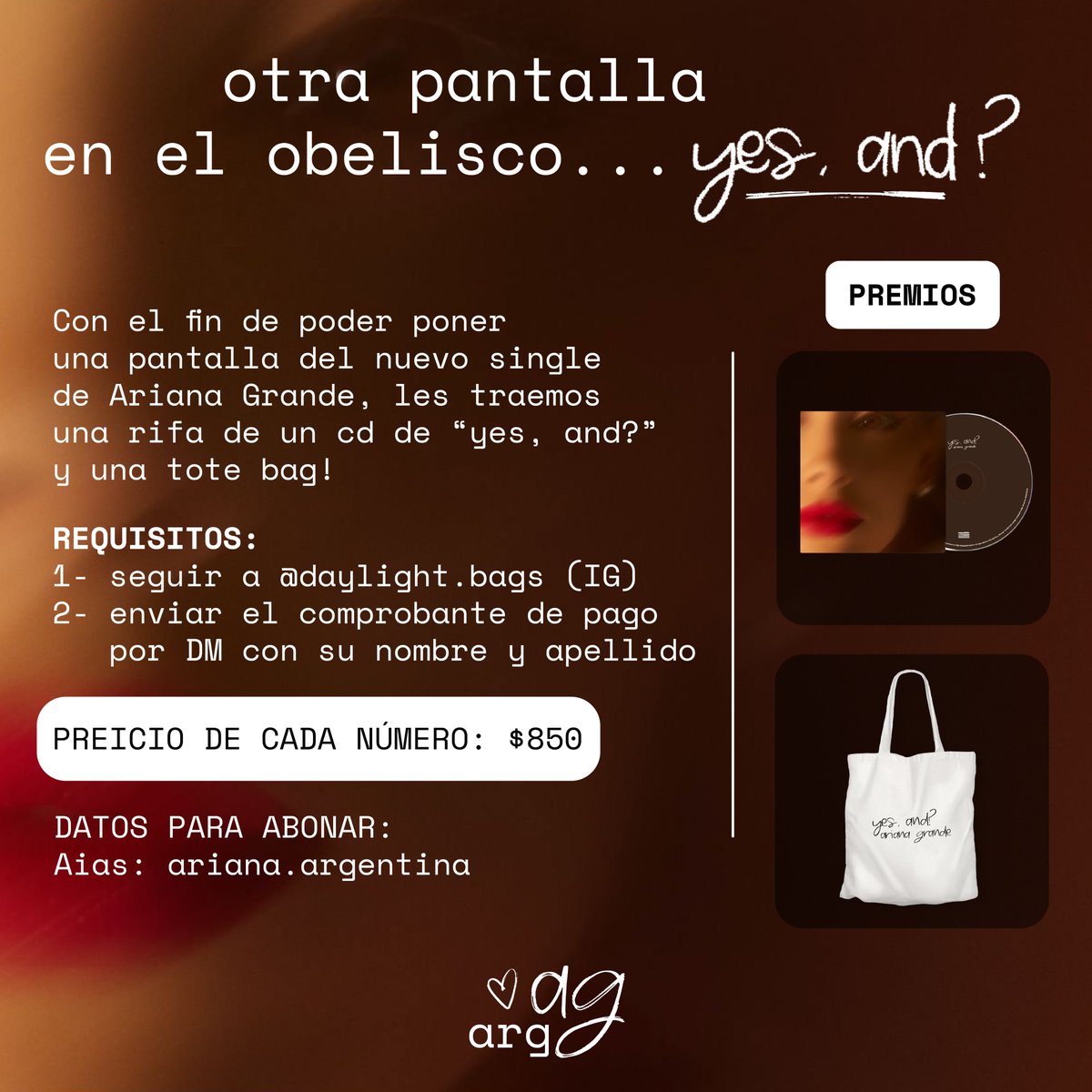 AGrande_ARG's tweet photo. 🚨Otra pantalla en Obelisco... yes, and? 💋
Con el fin de poner una pantalla del nuevo single de Ariana Grande les traemos esta rifa de un cd de "yes, and?" y una totebag! 

Requisitos:
1) Seguir a @/daylight.bags (IG)
2) Enviar el comprobante de pago por dm + nombre y apellido https://t.co/nDbq32gn1m