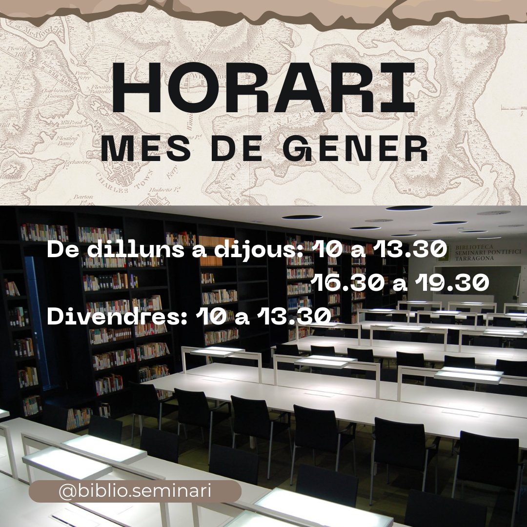 Bib_SeminariTgn's tweet photo. Bon any nou!!! 

Aquí teniu el nou horari d'aquest mes... 

Arriba dies d'estudi i no hi ha espai amb més silenci de la part alta que la nostra @Bib_SeminariTgn 

Recorda de seguir-nos per les xarxes socials:
Insta i facebook a @biblio.seminari https://t.co/s3fkUHzcOF