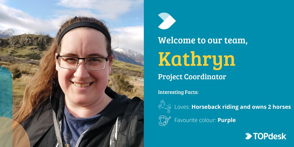 TOPdesk_NA's tweet photo. Meet our new Project Coordinator, Kathryn! 🎉 During her spare time, Kathryn loves to horseback ride and owns two horses. Her favourite colour is purple. We look forward to having you on the team, Kathryn! https://t.co/0oCVNjztC1