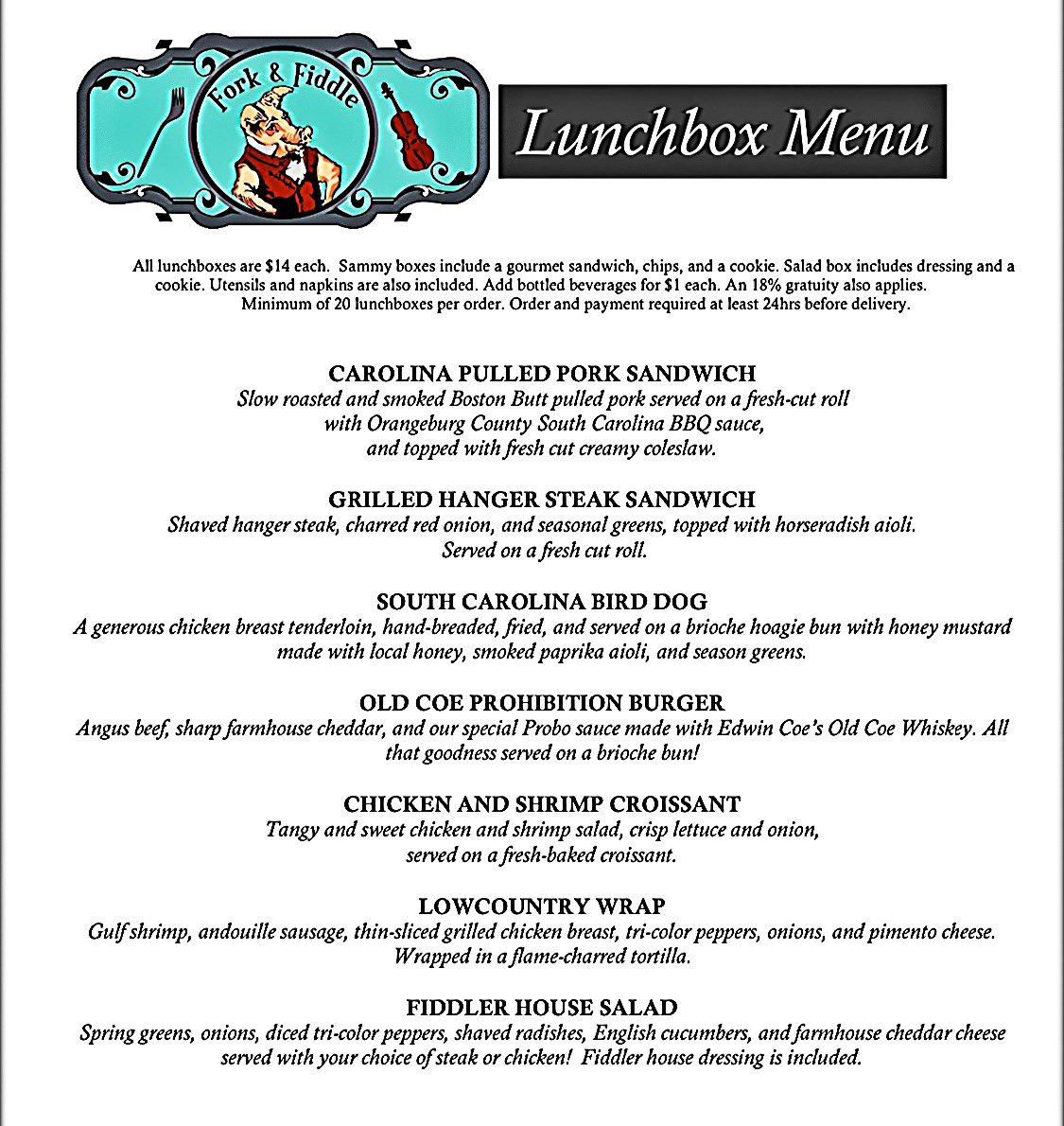 Fork_and_Fiddle's tweet image. Hey Fiddlers! Did you know you can have your Fiddler Fix DELIVERED for lunch any ol’ day of the week all winter long? Check out our Corporate Lunchbox menu, and message or call us to get your order in today! #forkandfiddle #lunchbox #fiddlerfix #followthatbigorangetrailer