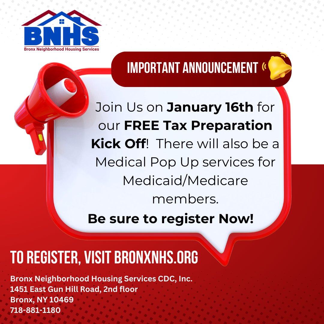📢Attention! Bronx NHS is offering FREE Tax Preparation Services at our VITA Site 1451 E. Gun Hill Road Bronx, NY 10469. Take advantage of this fantastic opportunity and visit or call us (718) 881-1180  #FreeTaxHelp #BronxNHS #vita #taxpreparation