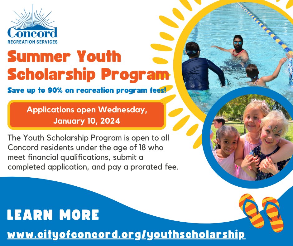 Applications are open! Register for a youth scholarship to save up to 90% on recreation program fees for swim lessons, summer camps and more! The program is open to Concord residents under the age of 18 who meet financial qualifications. Learn more: cityofconcord.org/1089/Youth-Sch…