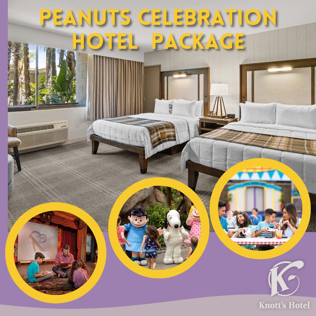 Elevate your #KnottsPeanutsCelebration experience! Book our Peanuts Celebration Hotel Package at the #KnottsHotel and enjoy admission to the event, a delightful breakfast buffet, and hotel parking. - bit.ly/3RQNJxY