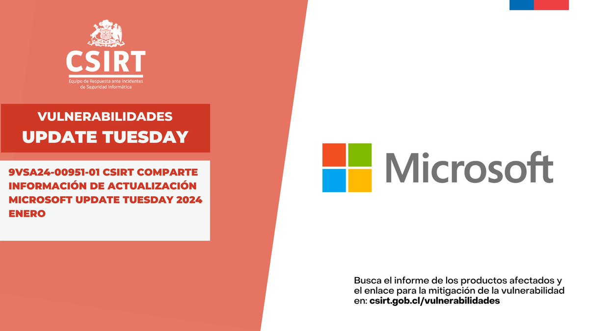 ANCIChile's tweet photo. ¡A parchar! #CSIRT comparte información de actualización #Microsoft #UpdateTuesday 2024 enero. Detalles: https://t.co/jA488ikqo0 #CSIRTGob #vulnerabilidades https://t.co/HgZ6cSxzsL