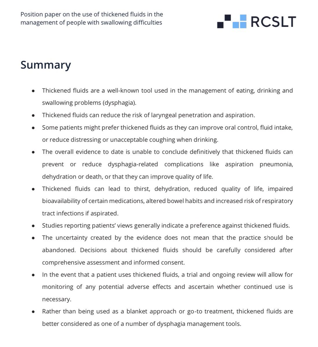 ‼️Important reading for all SLTs working with #dysphagia‼️ <a href="/RCSLT/">RCSLT 💙</a> Position paper on the use of thickened fluids! ‘Rather than being used as a blanket approach or go-to treatment thickened fluids are better considered as one of a number of dysphagia management tools’