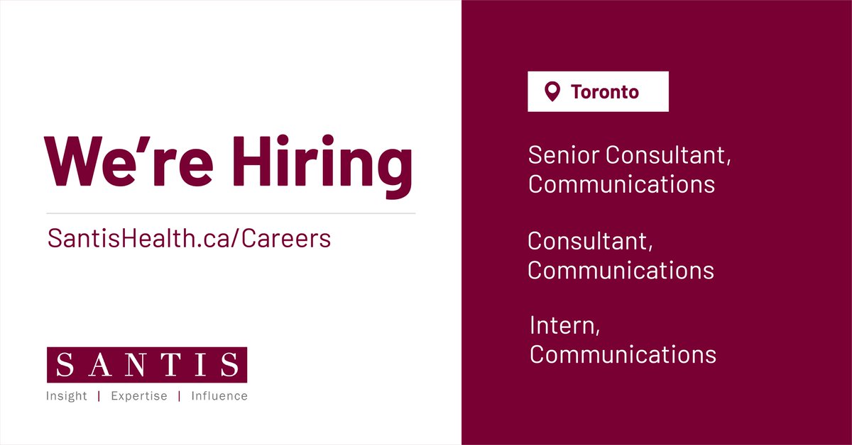Santis is #hiring for roles on our communications team!

➡️Senior Consultant
➡️Consultant
➡️Intern

To learn more and apply, visit: santishealth.ca/careers/